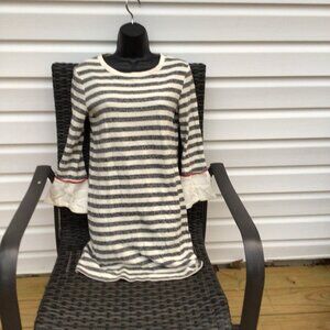 White + Warren Ivory Heather Gray Striped Knit Bell Sleeve Shift Dress Size XS